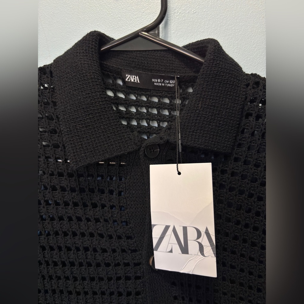 NWT Zara Kids Black Open-Knit Button Down Size 6-7 - Picture 2 of 5